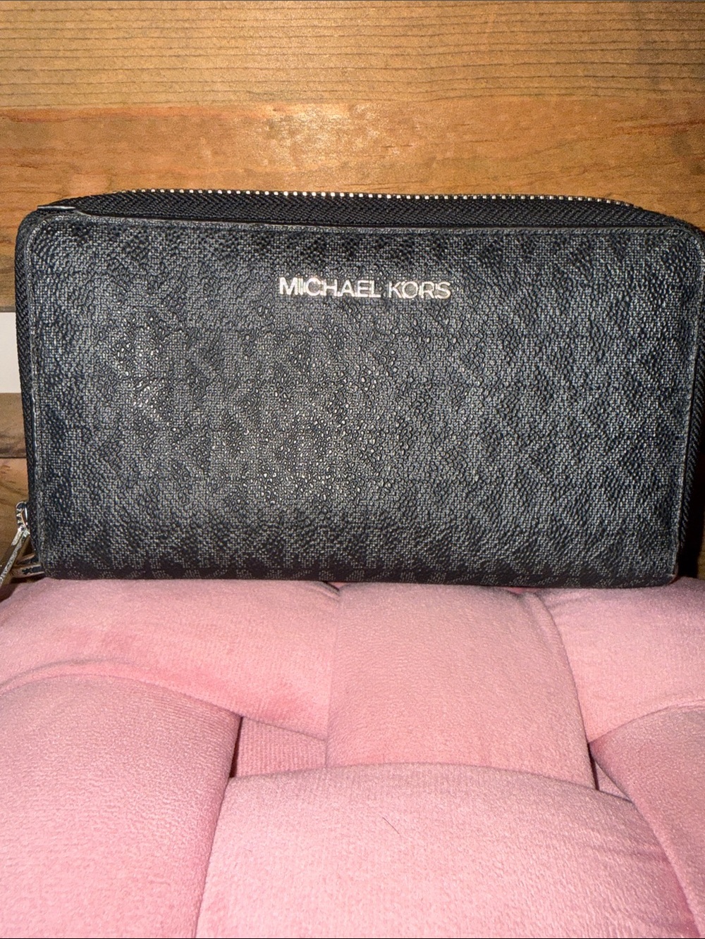 Michael Kors Black Signature Zip Around Wallet with Silver Logo